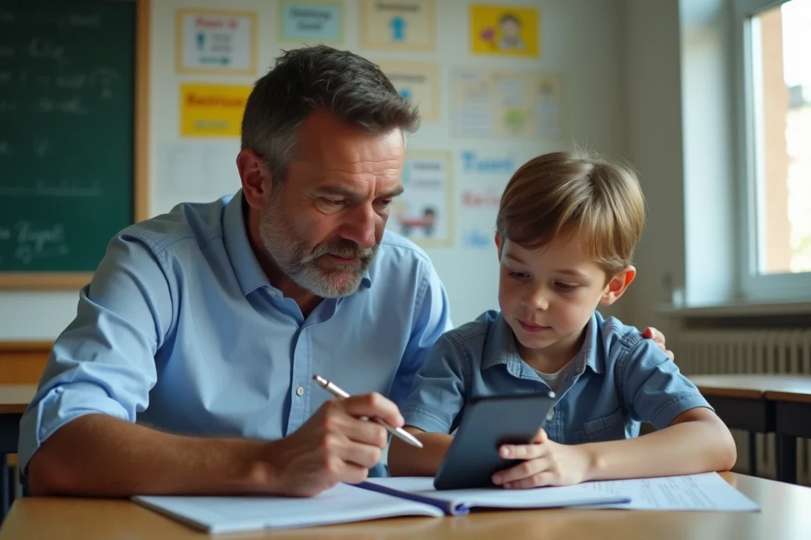 Enseignant aidant un élève dyslexique à utiliser un outil de correction orthographique sur smartphone en classe
