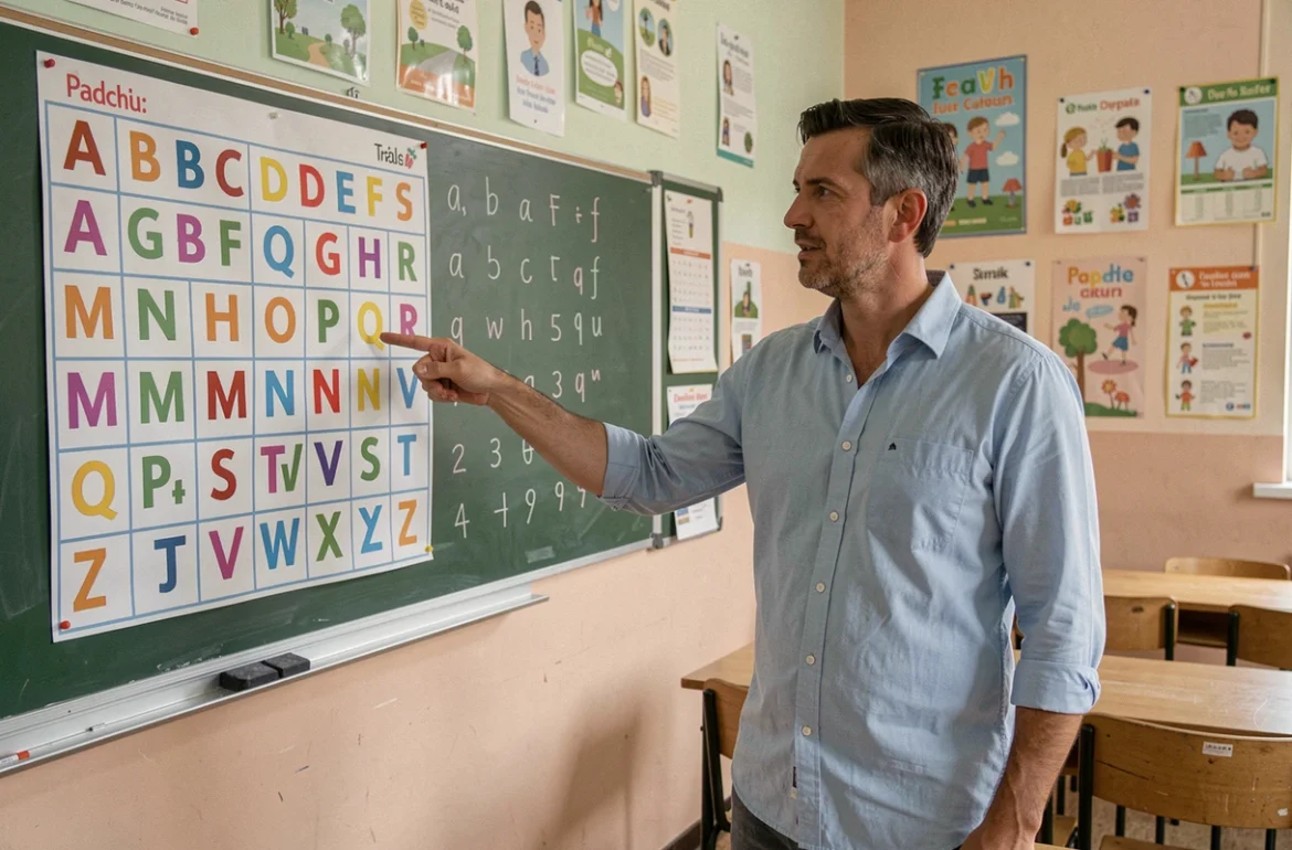 Enseignant montrant un tableau de l'alphabet français dans une salle de classe