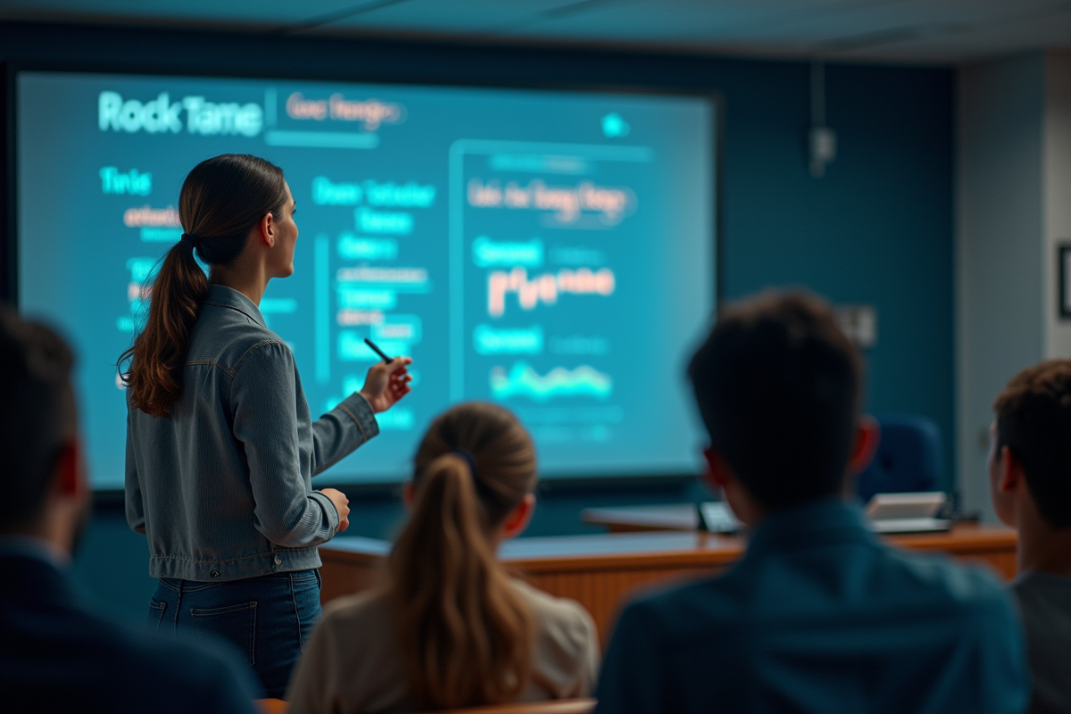 Professeur écrivant sur un tableau interactif dans une salle lumineuse