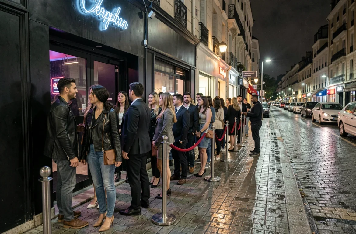 File d'attente devant l'entrée d'une discothèque à Perpignan la nuit avec une façade noire et une enseigne néon