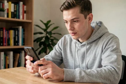 Jeune homme envoyant un SMS anonyme depuis son smartphone dans un bureau à domicile
