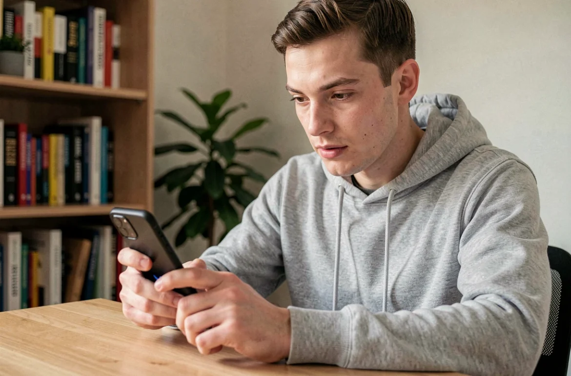 Jeune homme envoyant un SMS anonyme depuis son smartphone dans un bureau à domicile