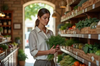 Femme faisant ses courses dans une épicerie ouverte le dimanche à Montpellier, rayons de produits frais et ambiance méditerranéenne