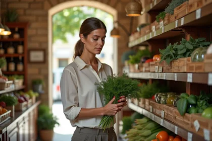 Femme faisant ses courses dans une épicerie ouverte le dimanche à Montpellier, rayons de produits frais et ambiance méditerranéenne