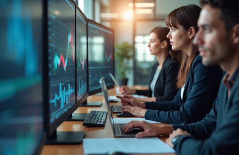 Equipe de professionnels analysant des données dans un bureau lumineux
