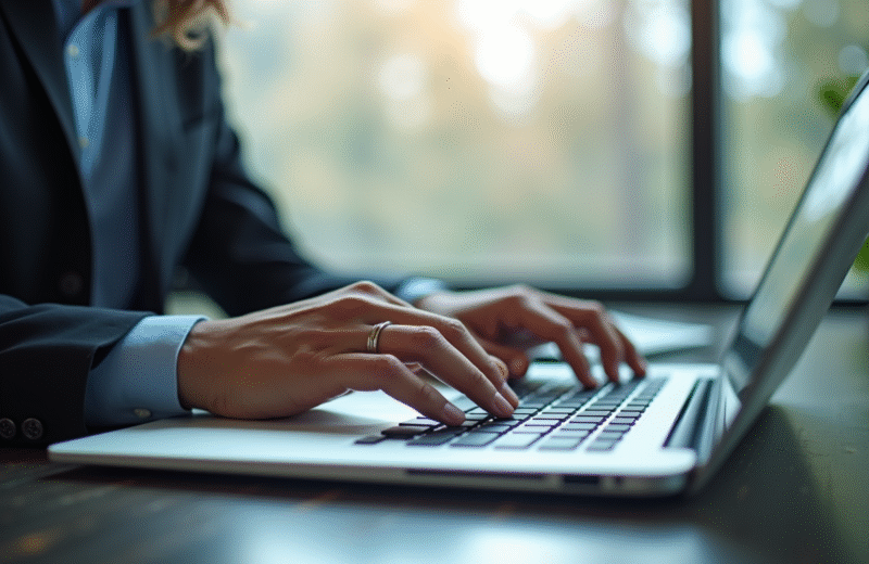 Personne tapant sur un laptop dans un bureau professionnel