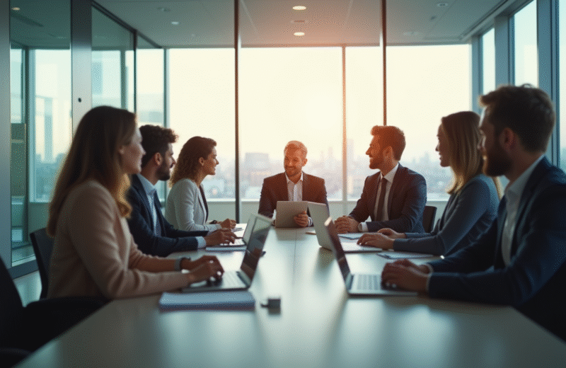 Espace de travail moderne avec équipe diversifiée en réunion
