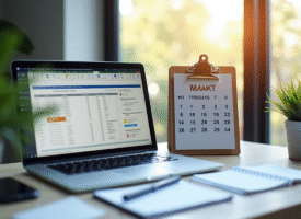 Espace de travail professionnel avec ordinateur et calendrier