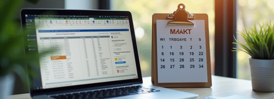 Espace de travail professionnel avec ordinateur et calendrier
