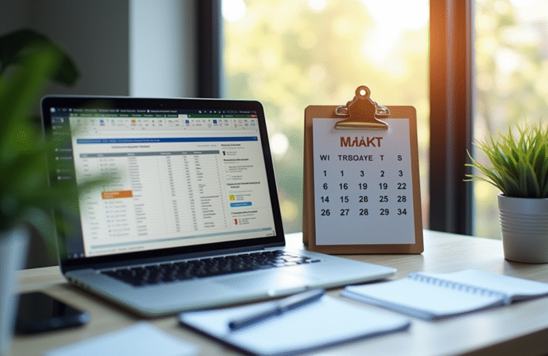 Espace de travail professionnel avec ordinateur et calendrier