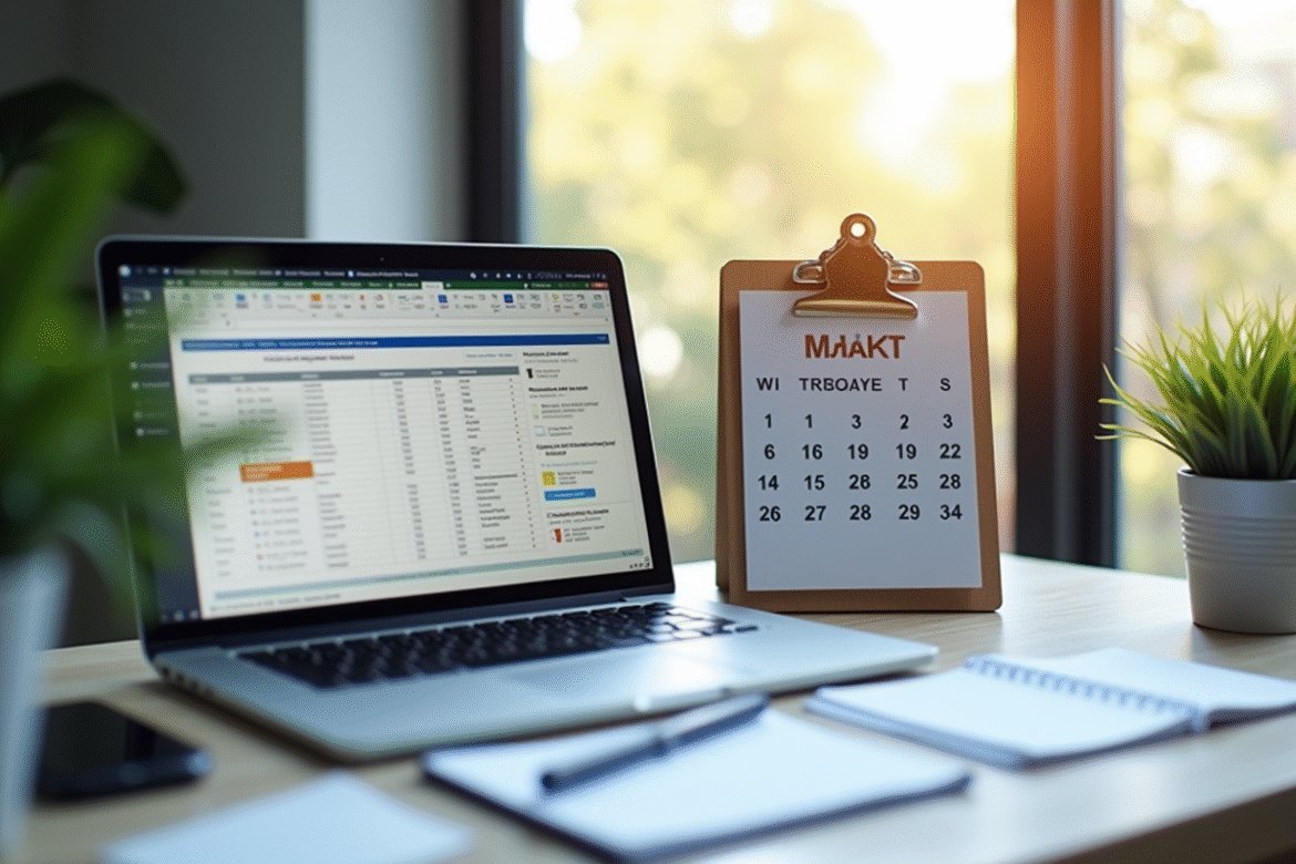 Espace de travail professionnel avec ordinateur et calendrier