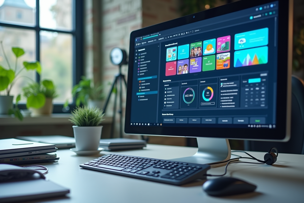 Espace de travail organisé avec un grand écran coloré