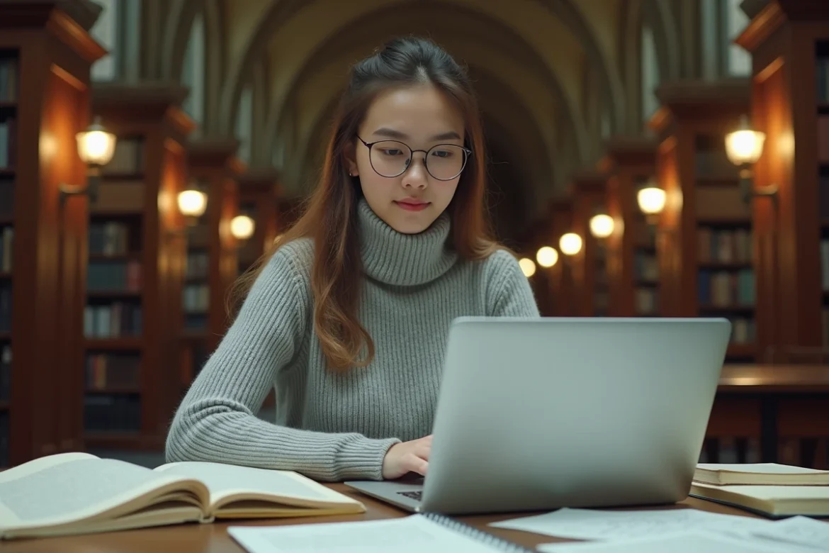 Étudiante en histoire utilisant un outil de génération de lettres napoléoniennes dans une bibliothèque universitaire