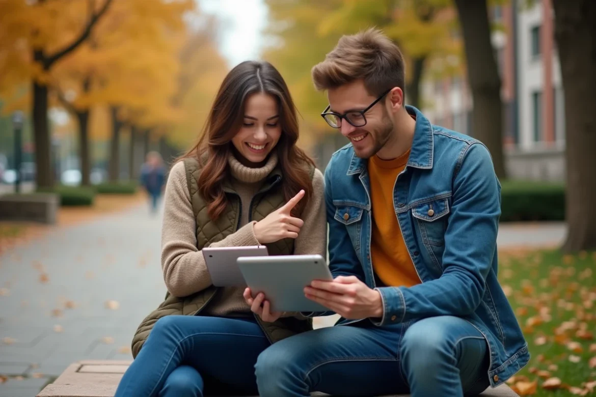 Deux étudiants collaborant sur des stratégies de jeu sémantique en ligne sur tablette dans un campus universitaire en automne
