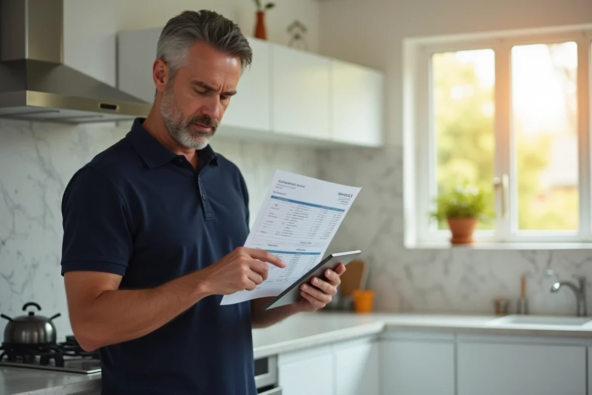 Homme comparant une facture EDF ENR papier avec son espace client sur une tablette dans la cuisine