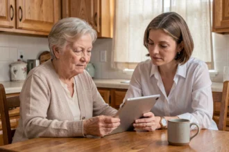 Une femme âgée et sa fille adulte consultant ensemble une application de suivi mémoriel sur une tablette dans une cuisine familiale chaleureuse