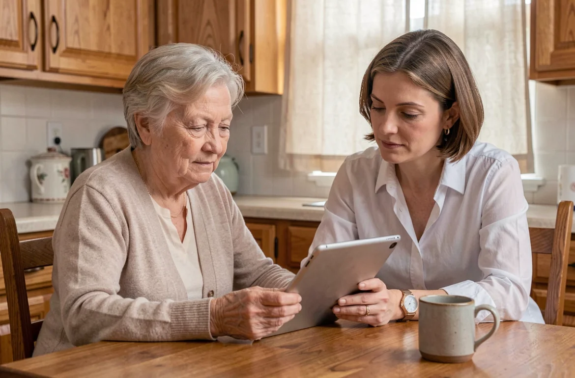 Une femme âgée et sa fille adulte consultant ensemble une application de suivi mémoriel sur une tablette dans une cuisine familiale chaleureuse