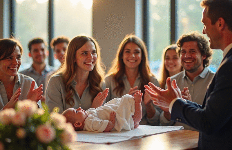 Famille et amis souriants lors d'une cérémonie de naissance en mairie