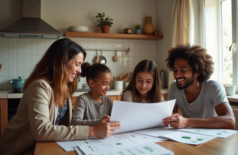 Famille souriante autour d'une table avec documents officiels