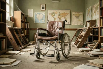 Fauteuil roulant abandonné dans un bureau académique désert évoquant l'absence du professeur Xavier et un futur alternatif des X-Men