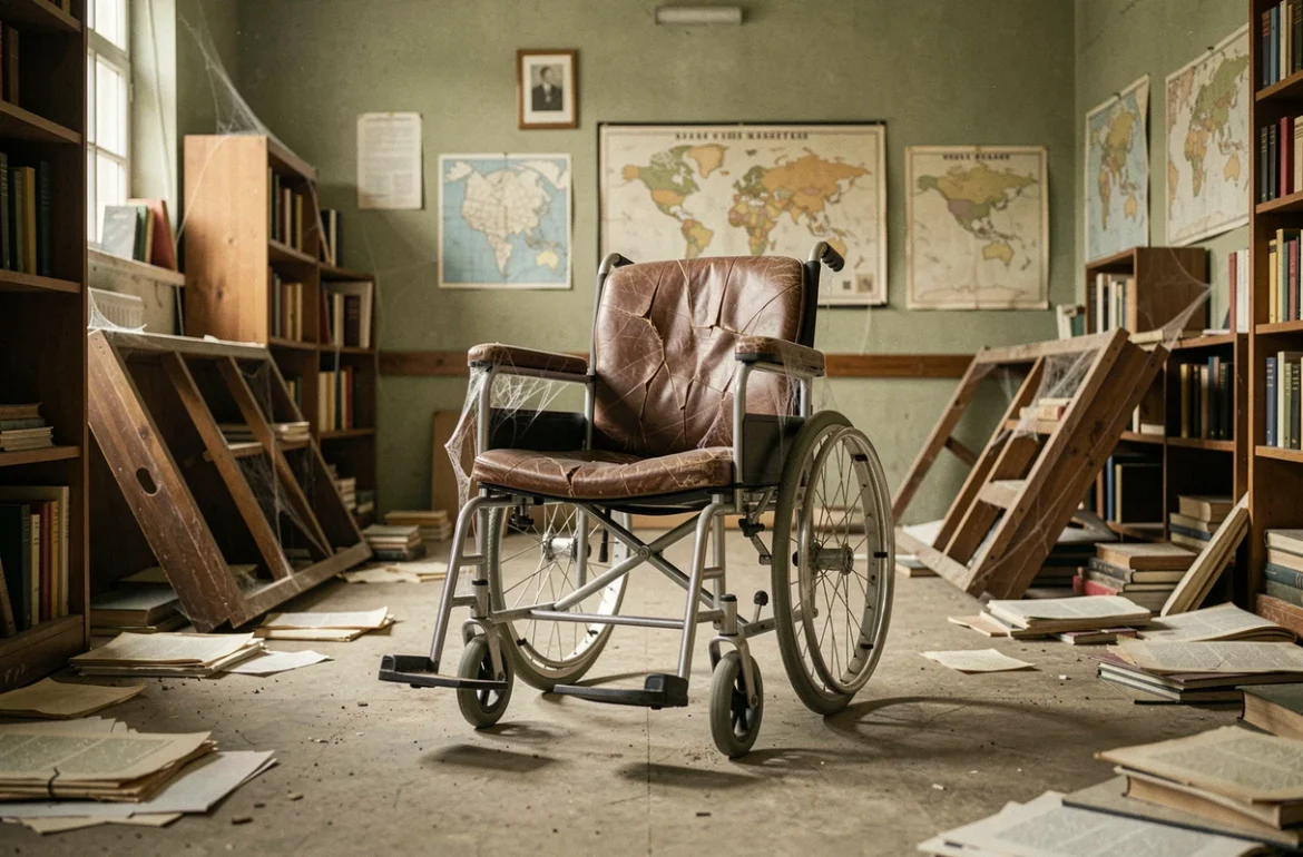 Fauteuil roulant abandonné dans un bureau académique désert évoquant l'absence du professeur Xavier et un futur alternatif des X-Men