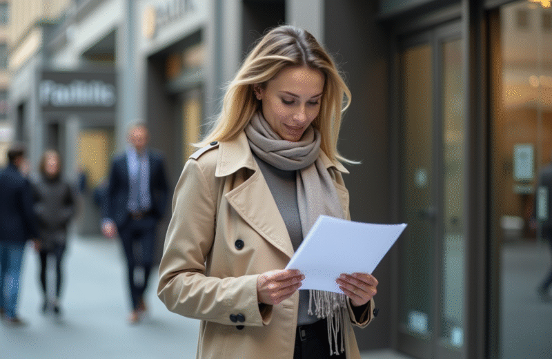 Femme d affaires en trench devant banque pour un prêt immobilier