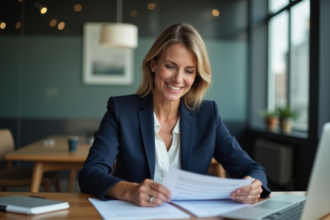 Femme d'affaires en blazer navy dans un bureau moderne