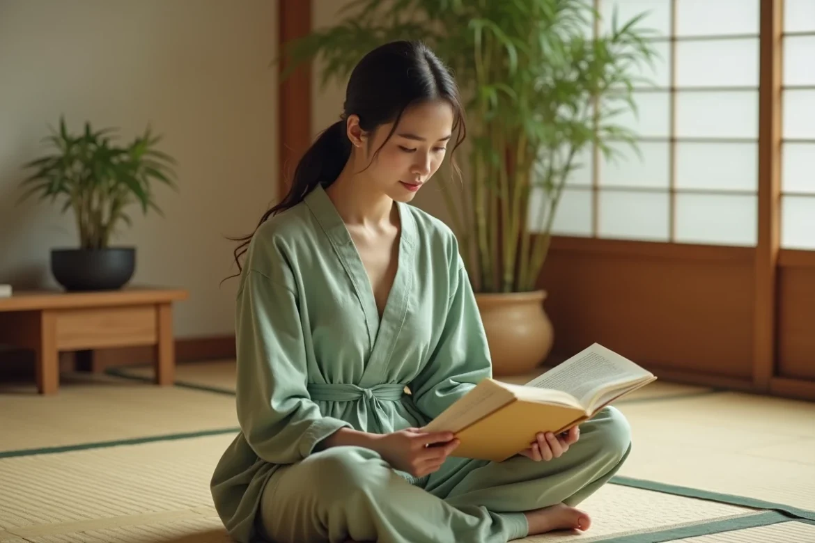 Jeune femme asiatique lisant un livre sur l'astrologie chinoise et le signe du Tigre de Terre né en 1998, ambiance intérieure zen et minimaliste