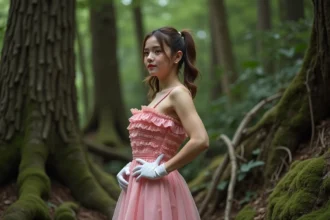 Femme sportive en forêt portant une robe rose et gants blancs