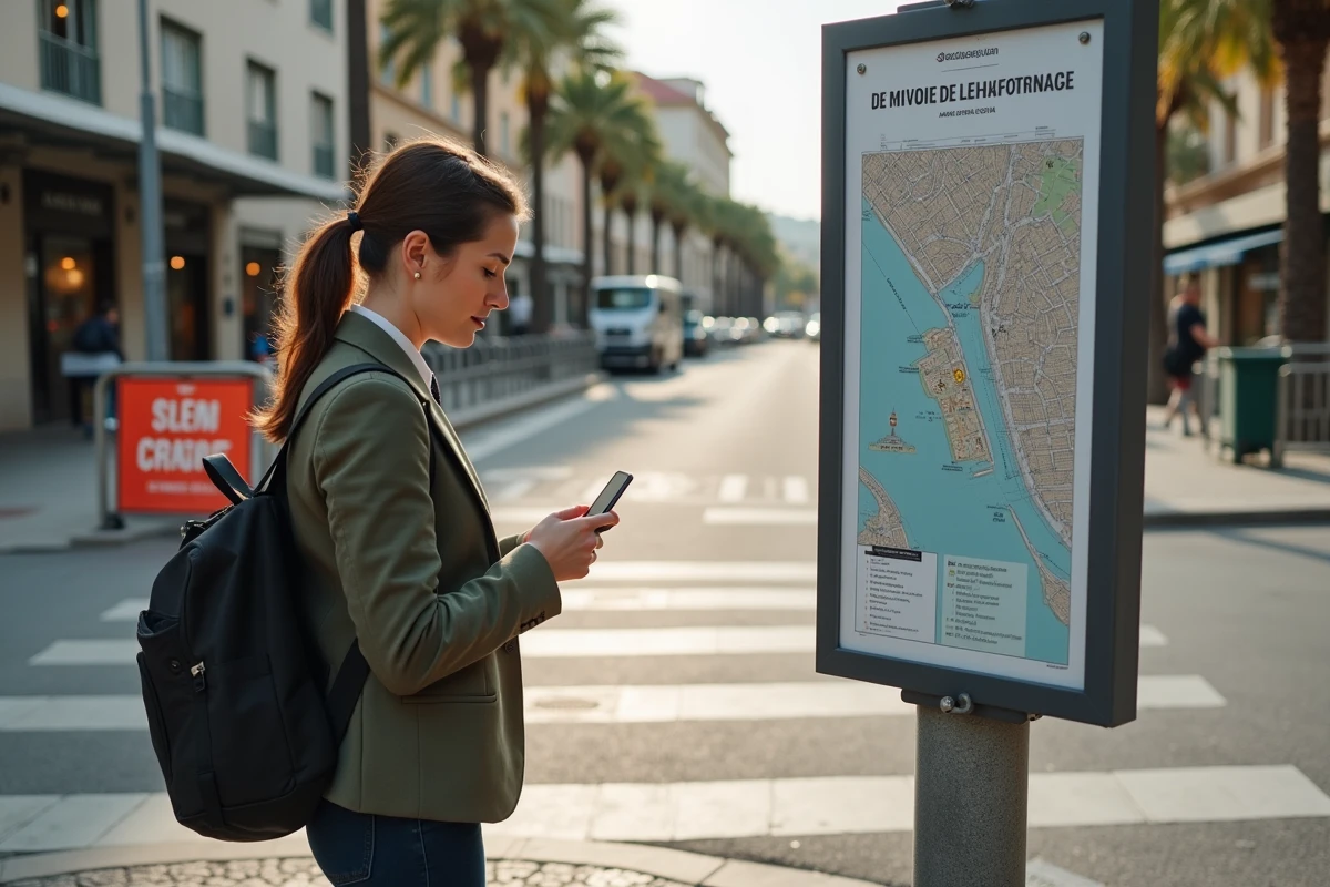 Jeune femme vérifiant une carte urbaine à Cannes