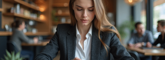 Jeune femme d'affaires utilisant une tablette dans un café moderne