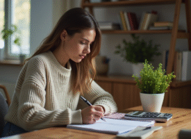 Jeune femme regarde son budget avec un carnet