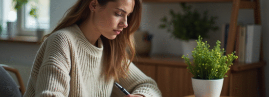 Jeune femme regarde son budget avec un carnet
