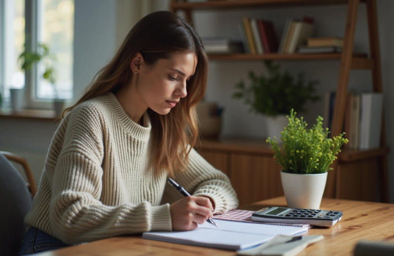 Jeune femme regarde son budget avec un carnet
