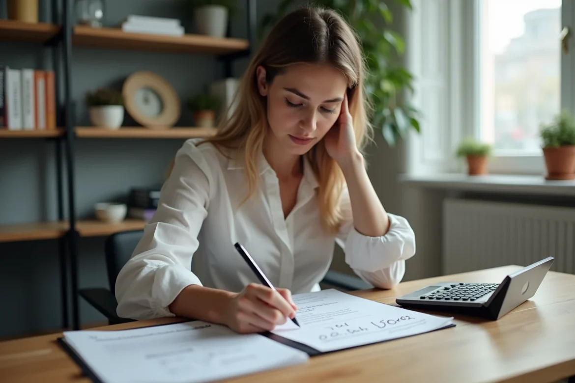 Jeune femme au bureau vérifiant un notepad avec calculs de volume