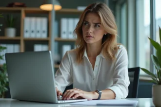 Femme d'affaires au bureau en train de lire un email