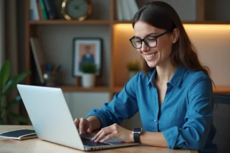 Femme au bureau moderne utilisant un ordinateur portable