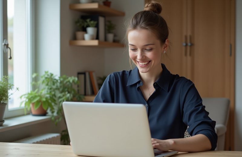 Jeune femme concentrée sur son ordinateur dans la cuisine