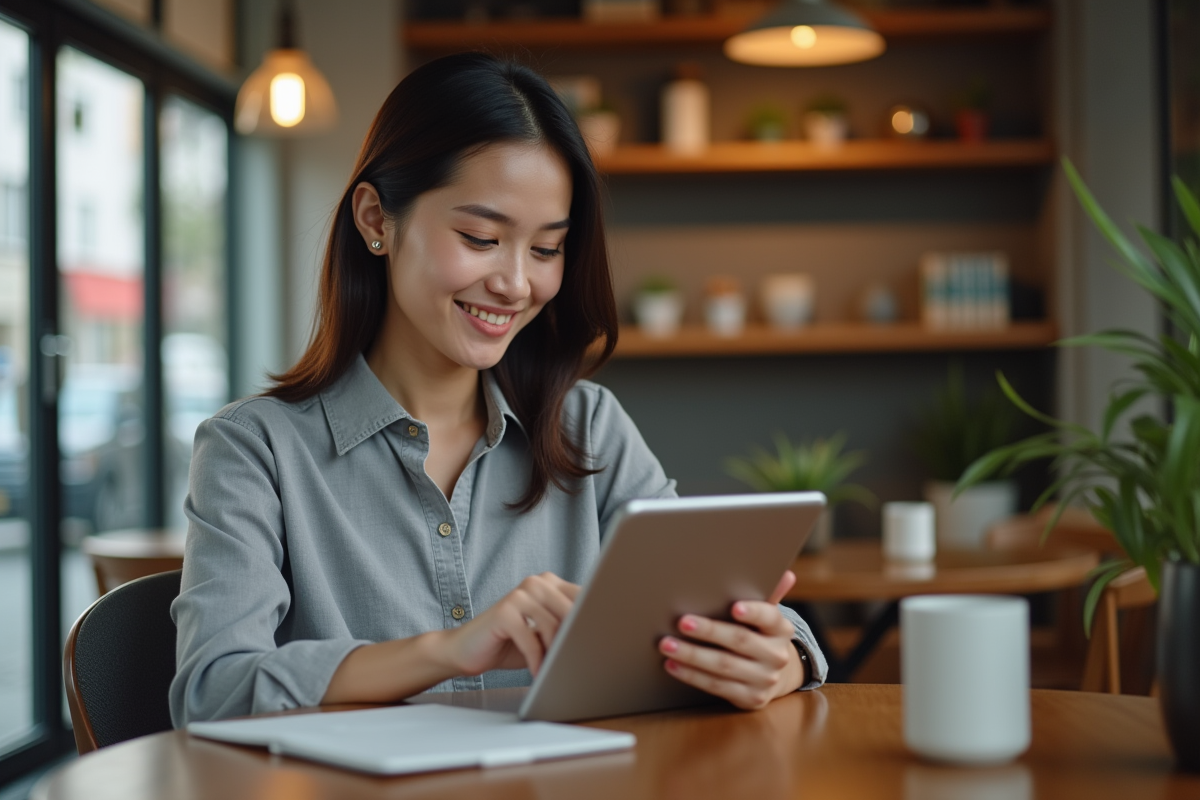 Jeune femme analysant un tableau digital dans un café
