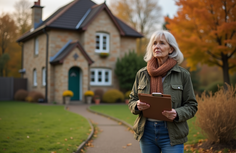 Femme d'âge moyen en extérieur devant une maison de campagne