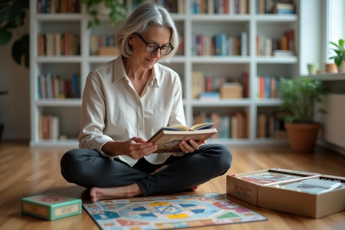 Femme comparant des boîtes de jeux de société pour choisir la durée idéale d'une partie