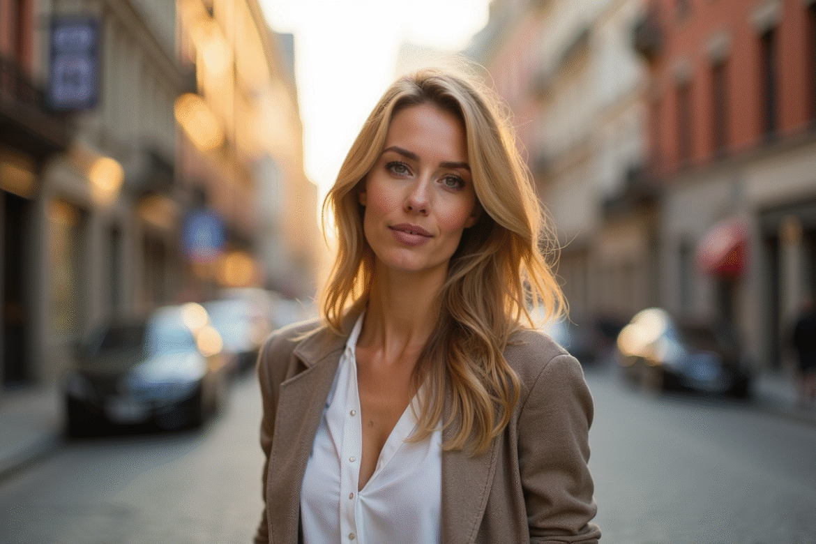Femme confiante dans la ville en journée ensoleillee