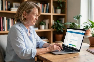 Femme consultant son espace personnel CGOS sur un ordinateur portable pour suivre ses demandes de remboursement en ligne