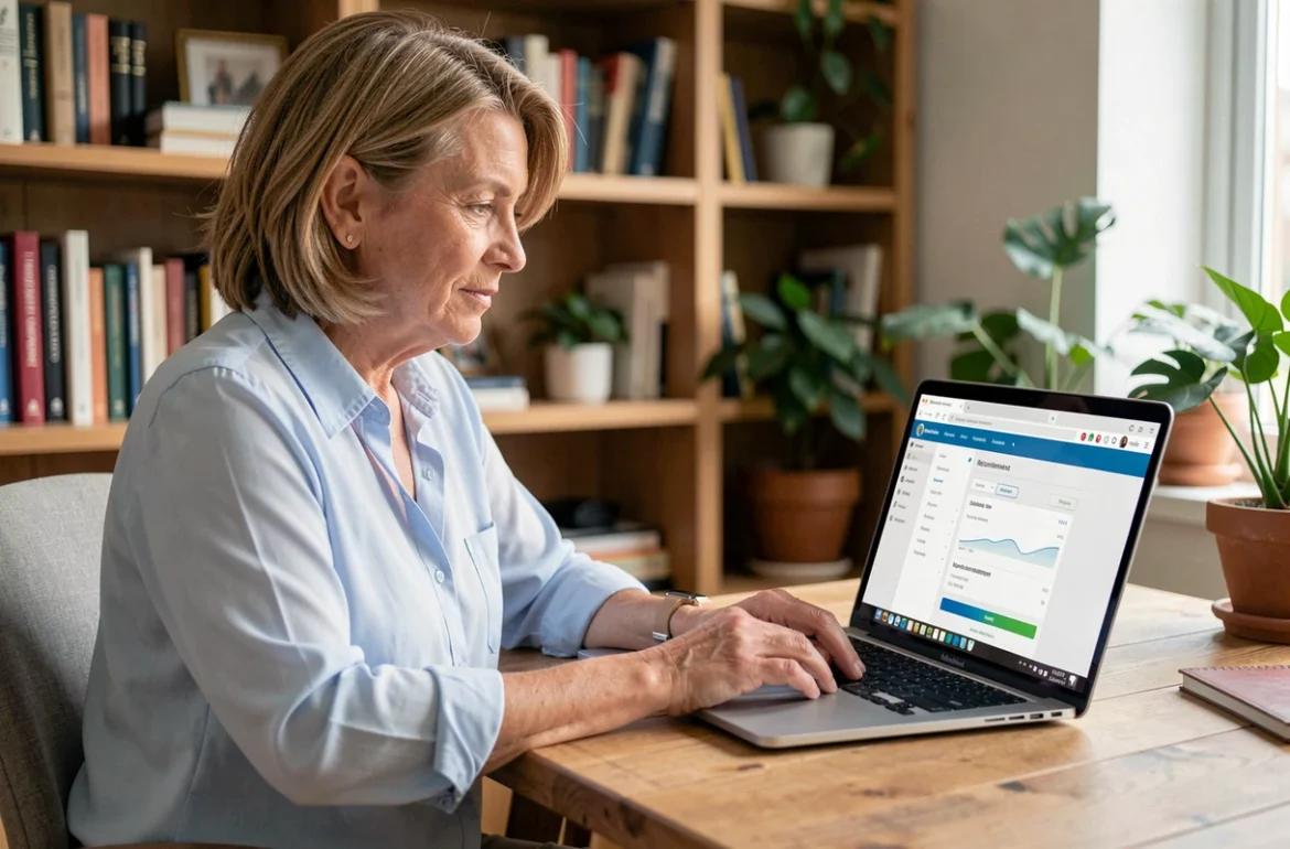 Femme consultant son espace personnel CGOS sur un ordinateur portable pour suivre ses demandes de remboursement en ligne