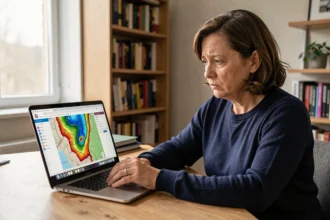 Femme consultant le géoportail sur ordinateur portable pour vérifier les zones inondables de son adresse
