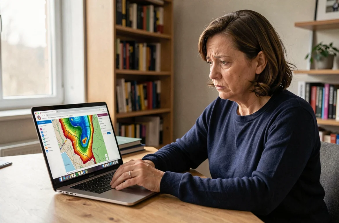 Femme consultant le géoportail sur ordinateur portable pour vérifier les zones inondables de son adresse