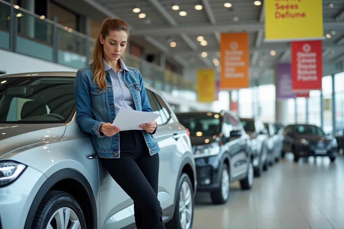 Femme examinant un contrat dans un showroom moderne