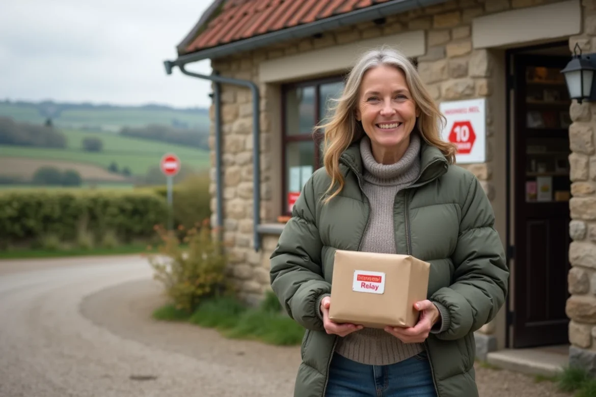 Femme souriante avec colis devant une boutique rurale