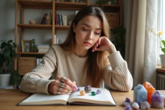 Jeune femme arrangeant des cristaux dans un intérieur cosy