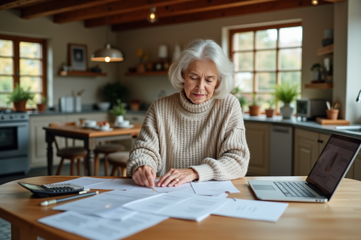 Femme âgée analysant des documents dans la cuisine